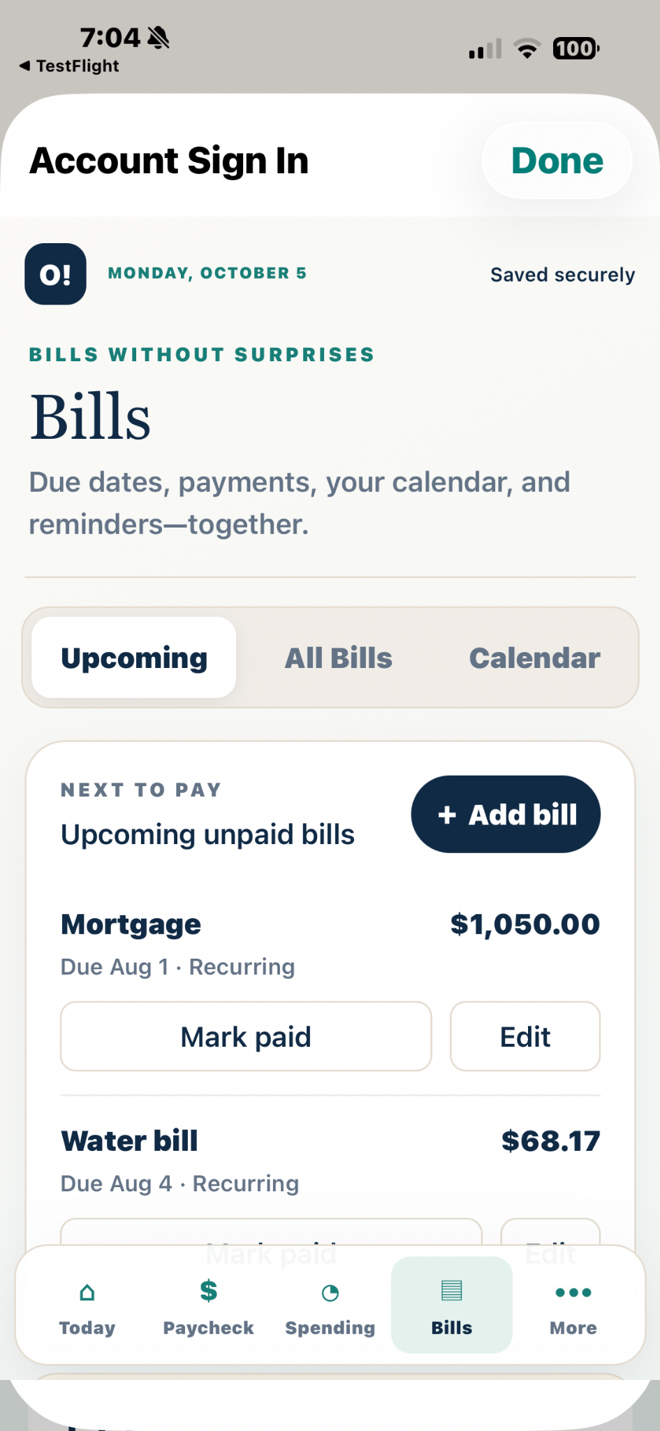 Oops, Organized Bills screen