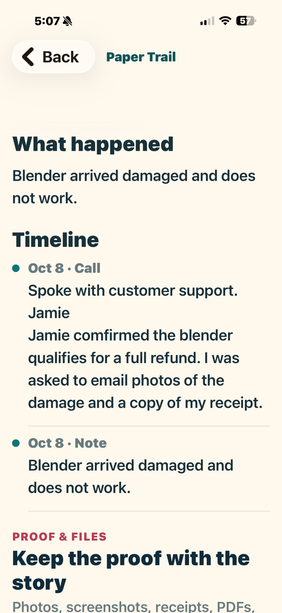 Paper Trail timeline screen